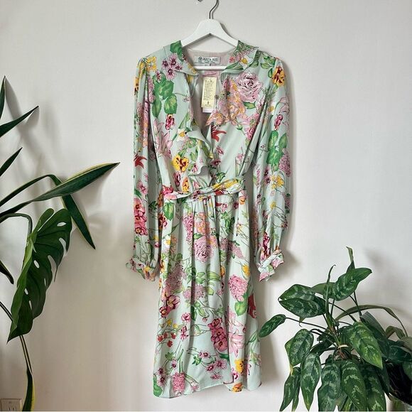NWT Austin Reed Long Sleeve Green Floral Wrap Up Silk Dress - Picture 1 of 6
